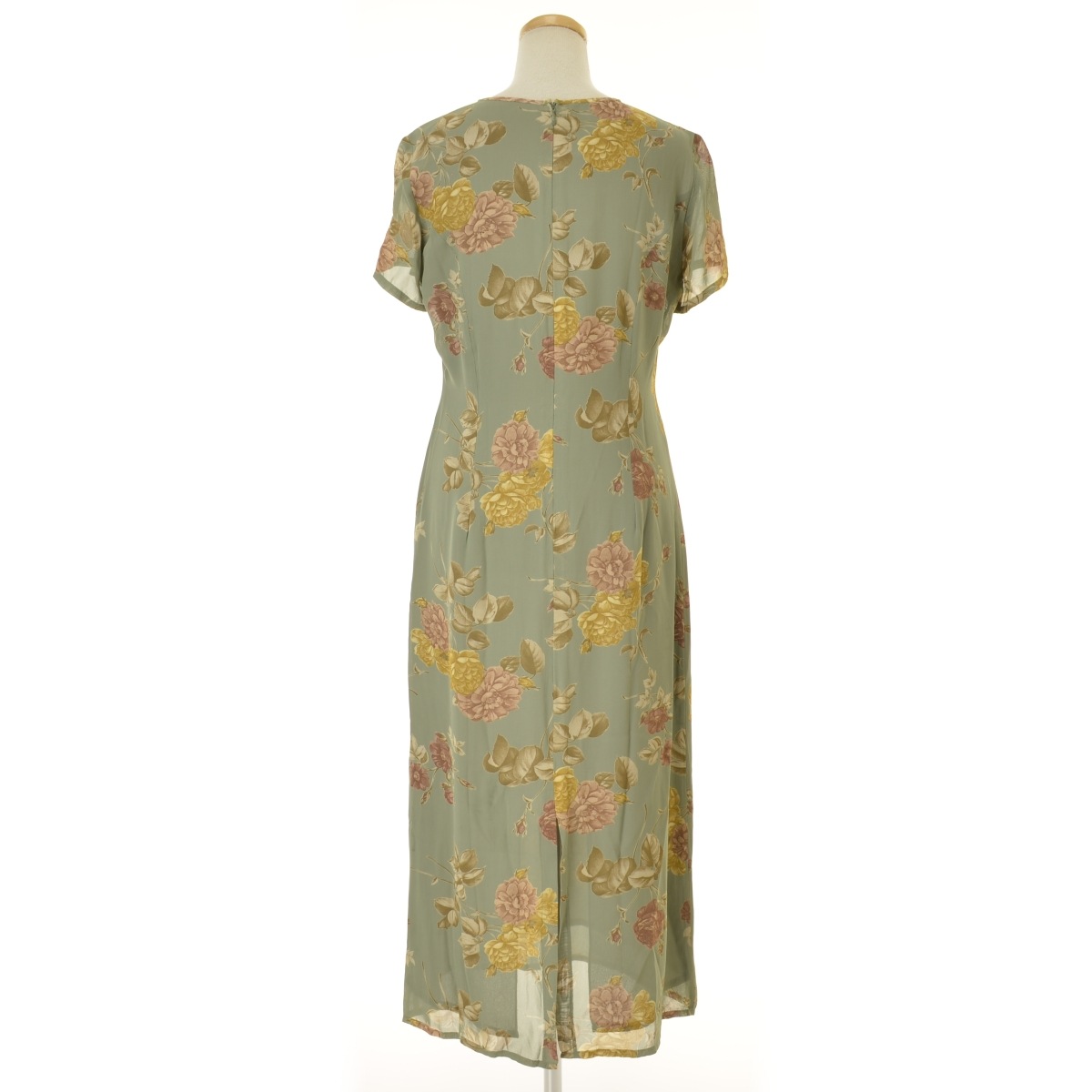 ローラ アシュレイ LAURA ASHLEY 花柄 半袖 ロング ワンピース 13 サイズ XL 大きい ベージュ 黒 Aライン 総柄 フラワープリント 