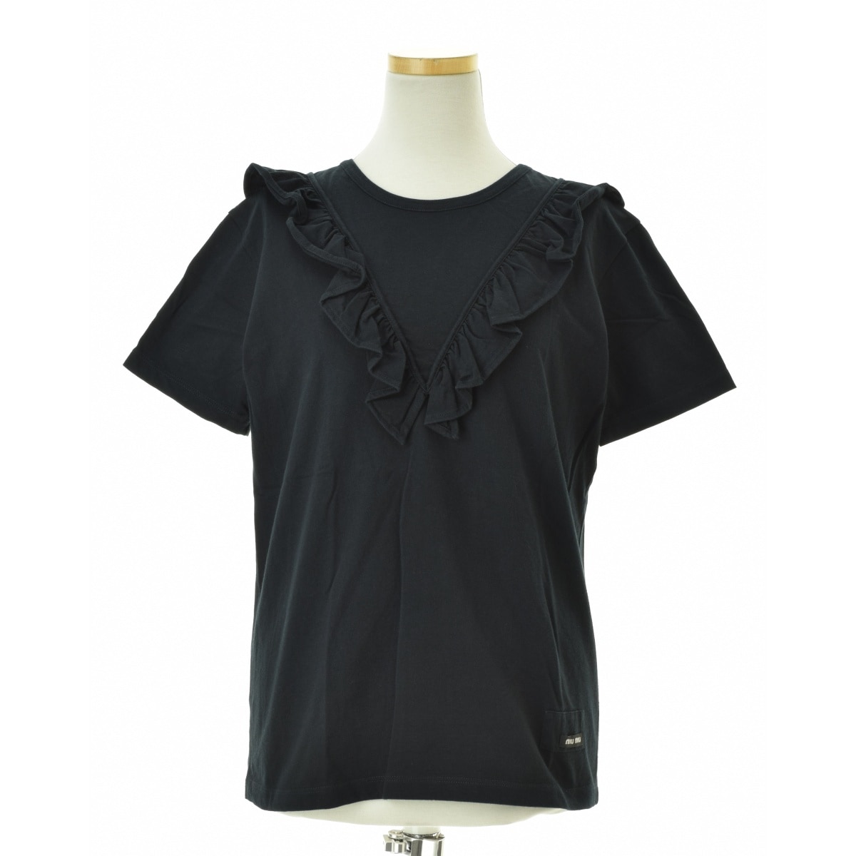美品miumiu ミュウミュウ ブランドロゴ フリルTシャツ ブラウス 黒S