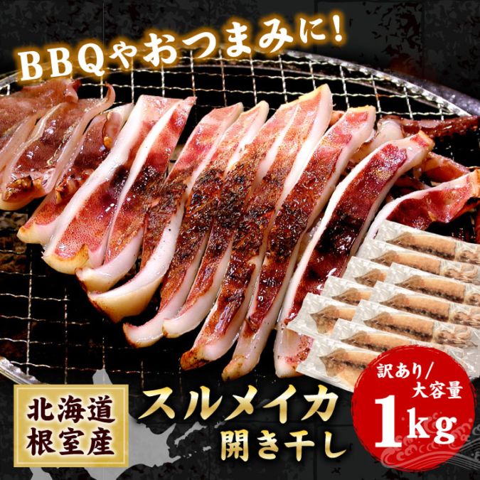 訳あり 北海道 根室産 スルメイカ 開き干し 1kg 約8-15枚入 大容量 BBQ バーベキュー おつまみ イカ いか 冷凍 海鮮 業務用 送料無料（沖縄宛は別途送料）