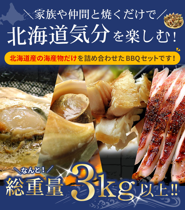 「総重量3kg以上」北海道産 海鮮 BBQ バーベキュー セット(ホタテ貝 青つぶ貝 ほっけ イカ)貝焼き ツブ イカ ギフト 浜焼き 殻焼き キャンプ GW お中元 帰省