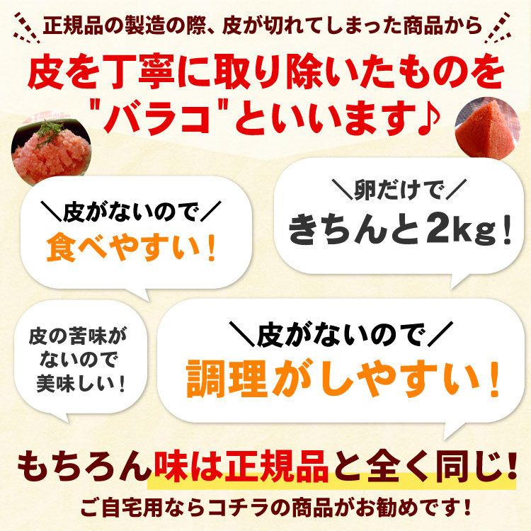 甘口たら子（バラ子）大量２キロ 送料無料（沖縄宛は別途送料2,200円頂戴いたします）