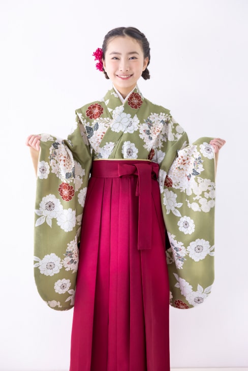 【レンタル】 小学生女子袴 桜に菊花/薄緑  / KANKO