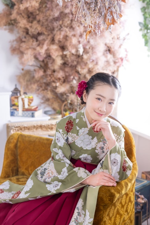【レンタル】 小学生女子袴 桜に菊花/薄緑  / KANKO