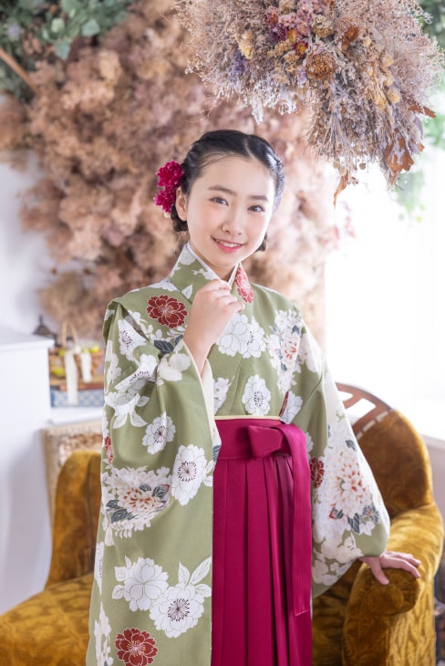 【レンタル】 小学生女子袴 桜に菊花/薄緑  / KANKO