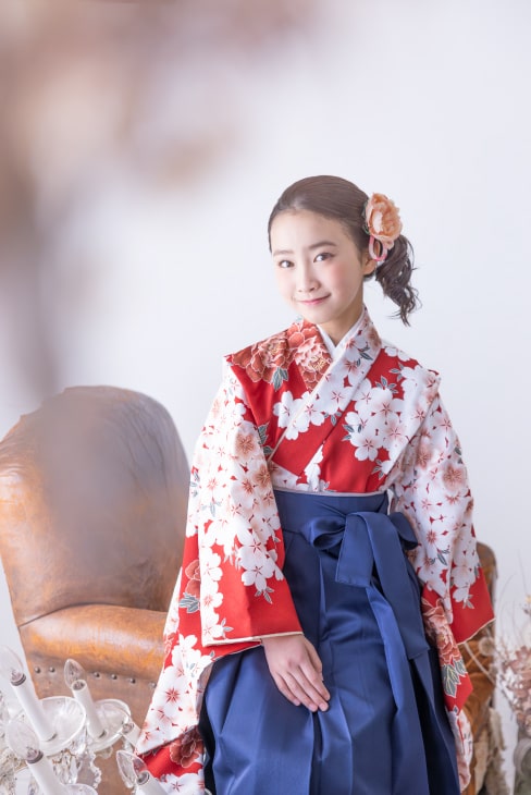 【レンタル】 小学生女子袴 桜づくしにボタン/ワイン  / KANKO