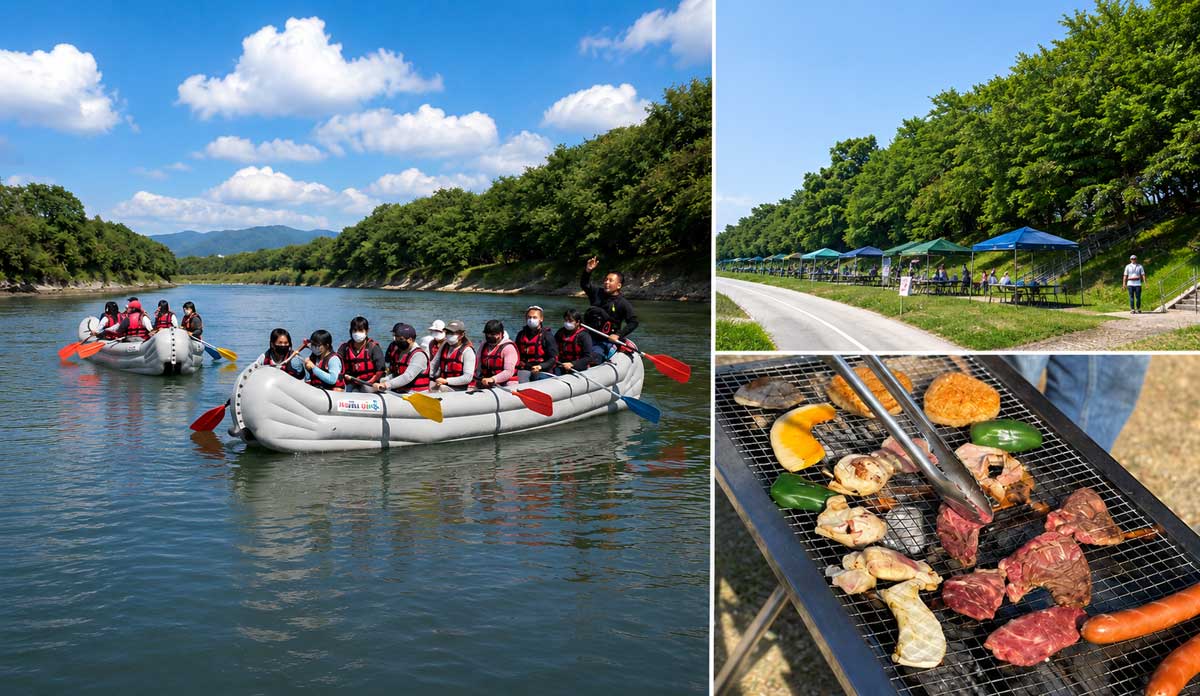 Eボートで三川合流の地・八幡へ。 背割堤まで川下りを楽しんだあとは、 手ぶらでBBQ体験を楽しみます。