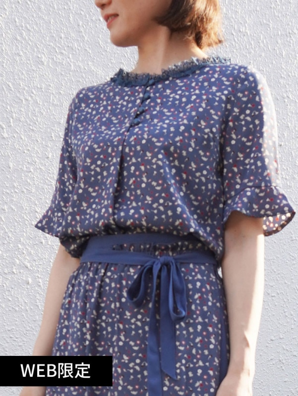 花柄プリント衿ぐりレースブラウス＜アウトレット均一価格＞