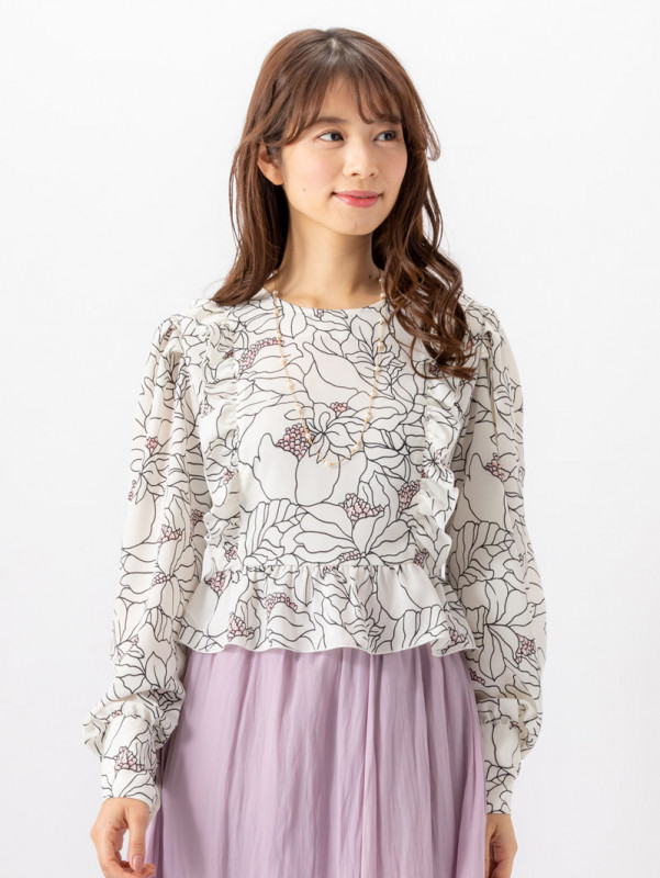 【60％OFF】線画花柄プリントフリル付ブラウス