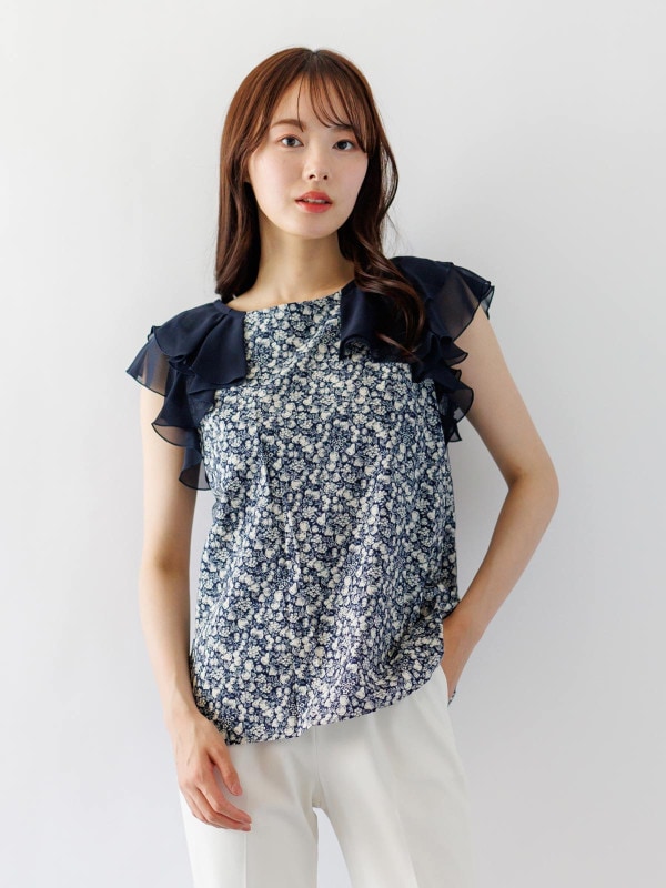 ★おすすめSALEアイテム★【50%OFF】果実柄プリント×シフォンラッフルブラウス