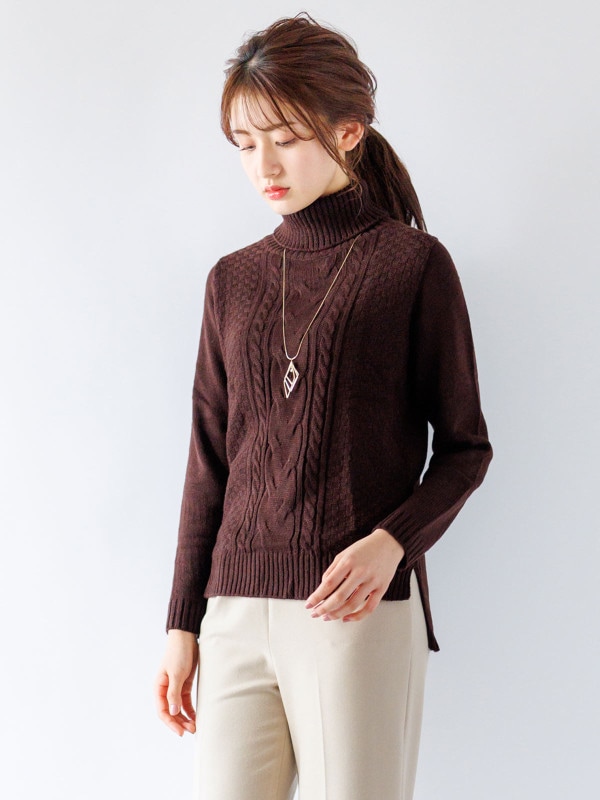 7Gケーブル編みオフタートルロングニット