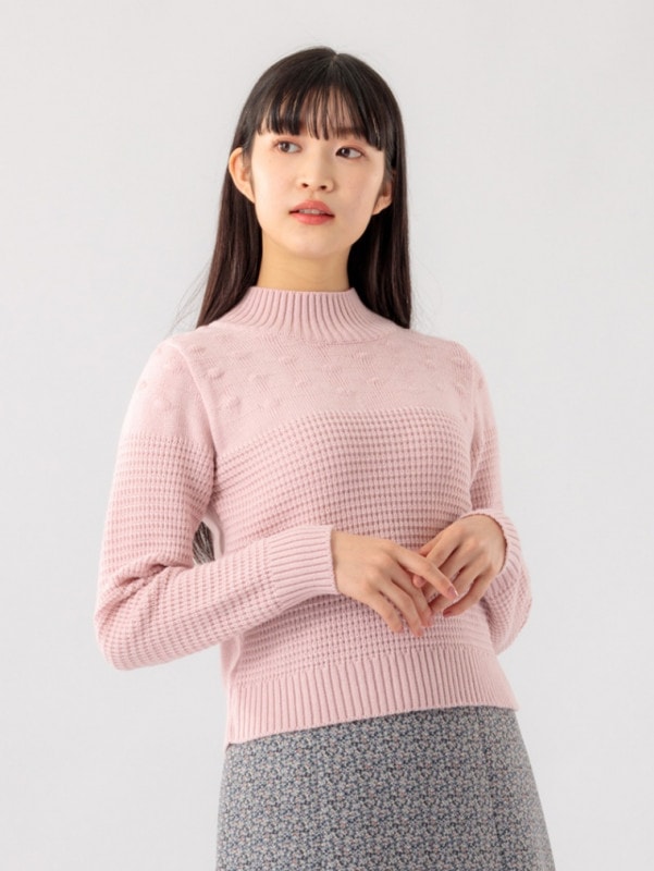 7Gドット×格子編みハイネックニット