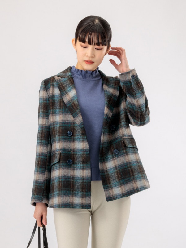 【70%OFF】シャギーチェックWブレストピークドラペルジャケット