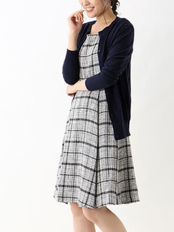 チェックツイードタックフレアーワンピース＜アウトレット均一価格＞