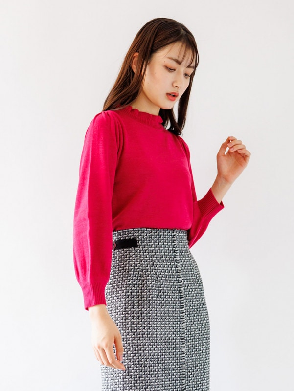 【70％OFF】立衿後リボンビッグスリーブニット