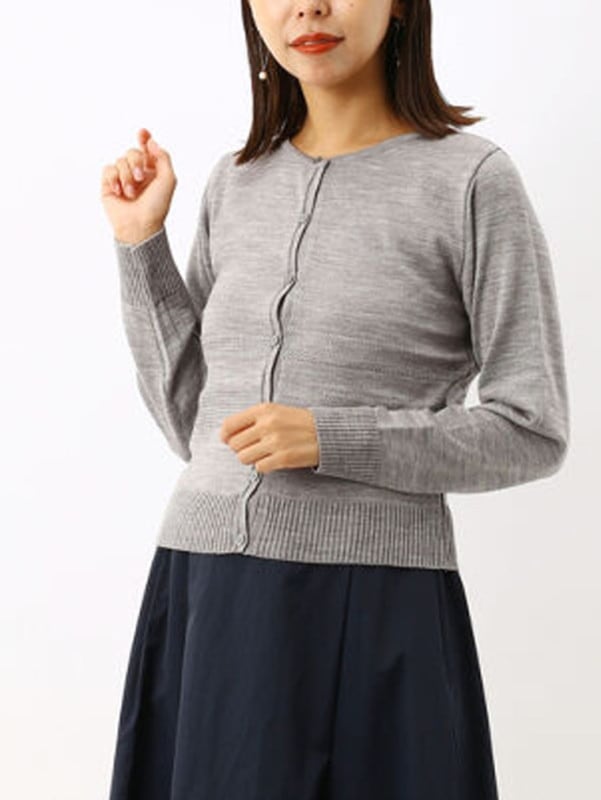 裾柄入り丸首カーディガン