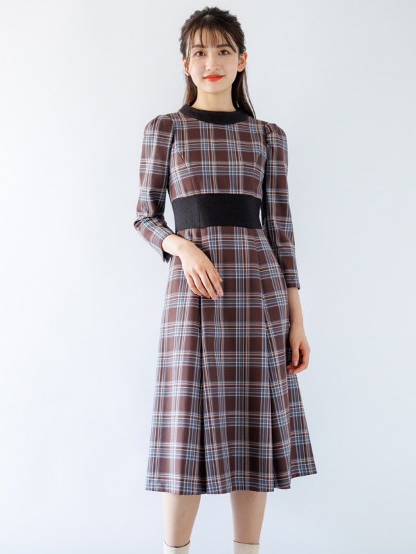 格子タックフレアーウエストリブワンピース＜アウトレット均一価格＞