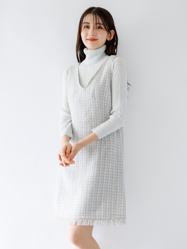 【60％OFF】フリンジ付ツイードショートジャンスカ