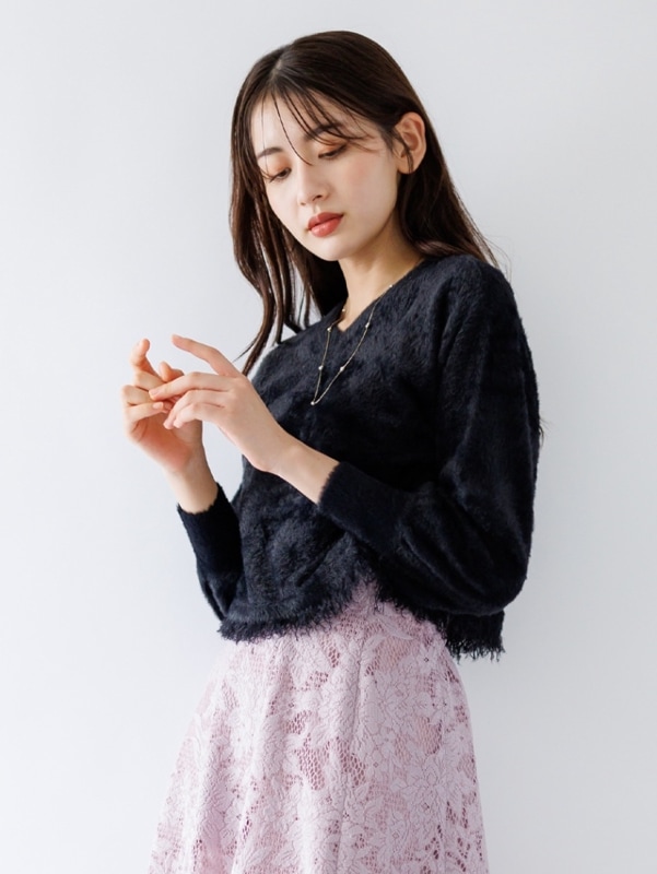 ミンクライクファーフリンジVネックニット＜アウトレット均一価格＞
