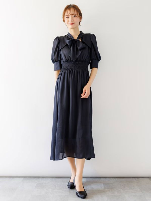 【限定70％OFF】5分袖フロントあき楊柳タイ付ワンピース［ドレス・セレモニー］