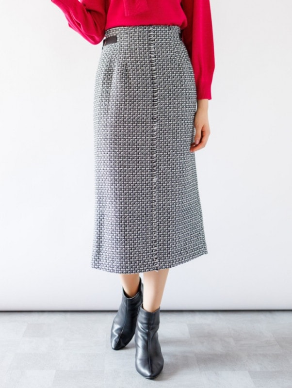 【70％OFF】ファンシーツイードフリンジロングタイトスカート