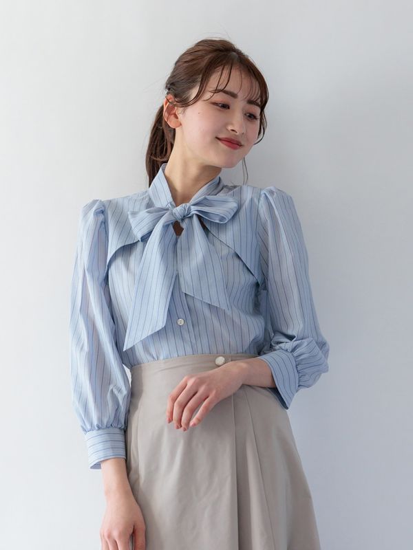 先行SALEオーガニックストレッチブロードストライプリボンブラウス