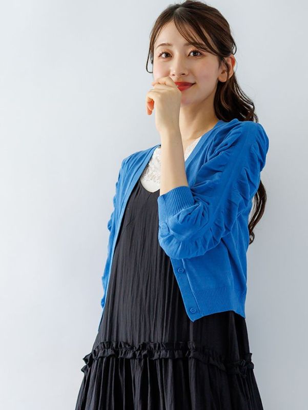 袖ギャザー Vネックショートカーデ