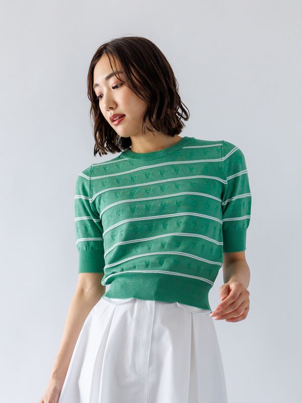 ボーダー×透かし柄丸首ニット