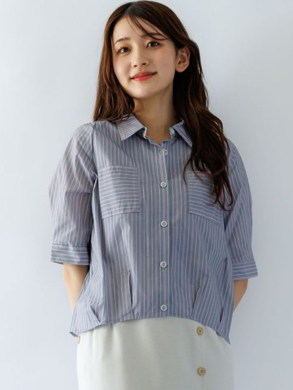 ストライプ 裾タックシャツ