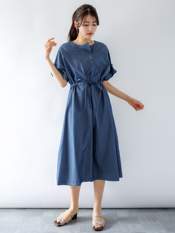 【春SALE】シャルマンダンガリーツイルドローストリングワンピース