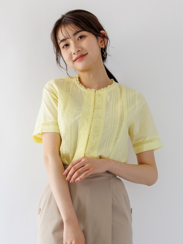 【訳あり】レース・ピンタック前開ブラウス(3015501/イエロー/7号)|【WEB限定】訳ありセール