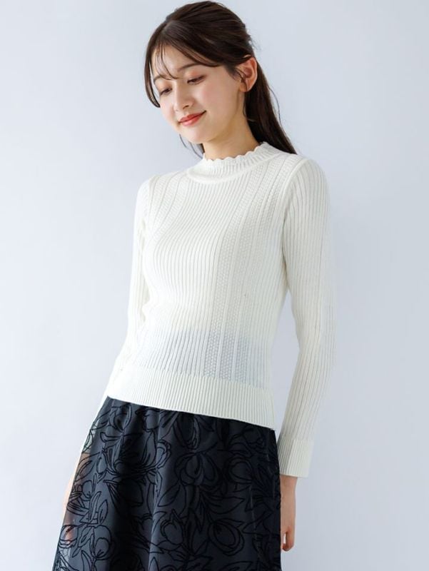 【30%OFF】リブ×柄編みハイネックニット