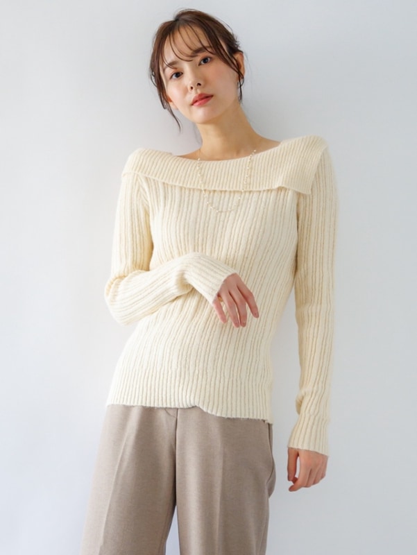 【40%OFF】リブオフショルダーニット
