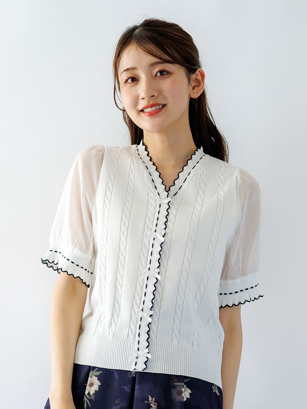 袖シフォン配色Vネックリボン付ニット
