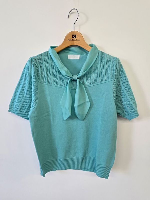 シフォンボウタイ付部分透かし編ニット