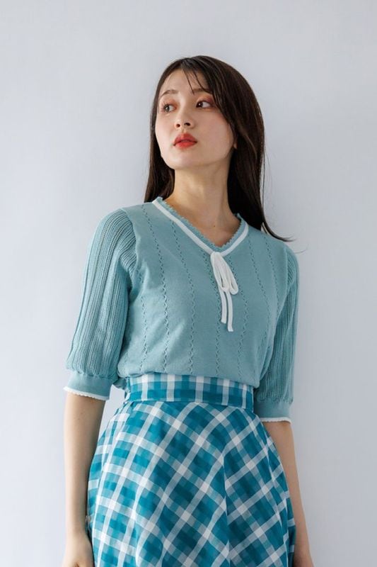 ピコ配色ｹｰﾌﾞﾙ×透かしVﾈｯｸﾆｯﾄ