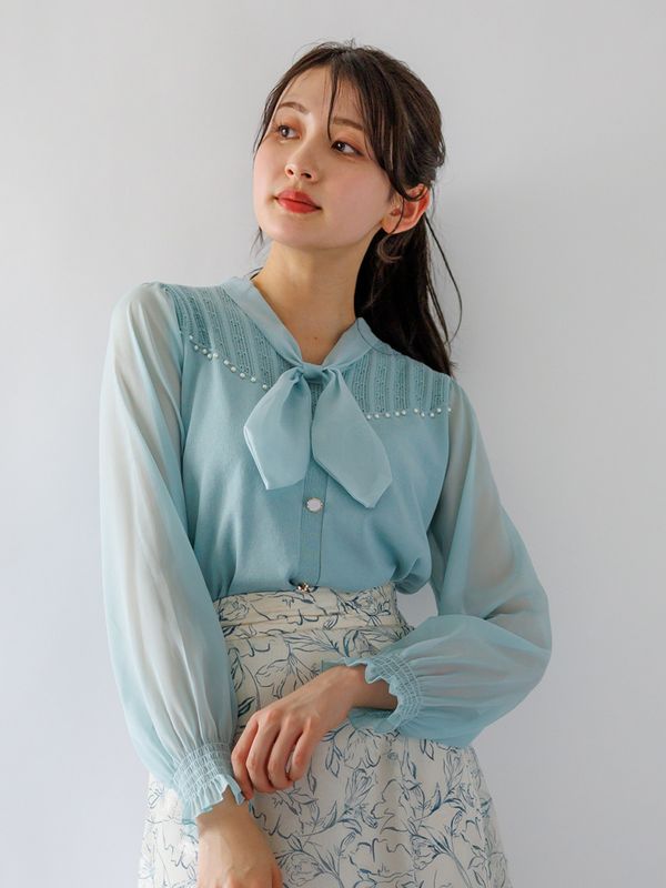 部分シフォンボウタイニット