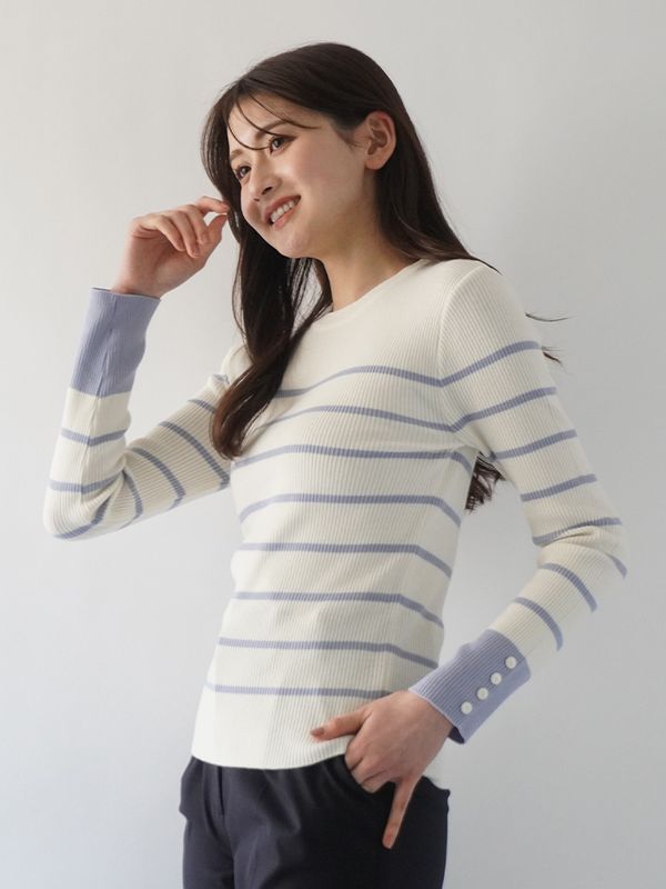 袖口釦丸首ボーダーニット|全ての商品