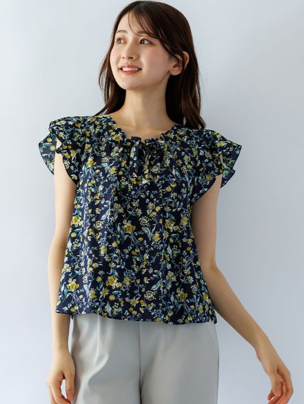 綿プリント ギャザーリボンブラウス