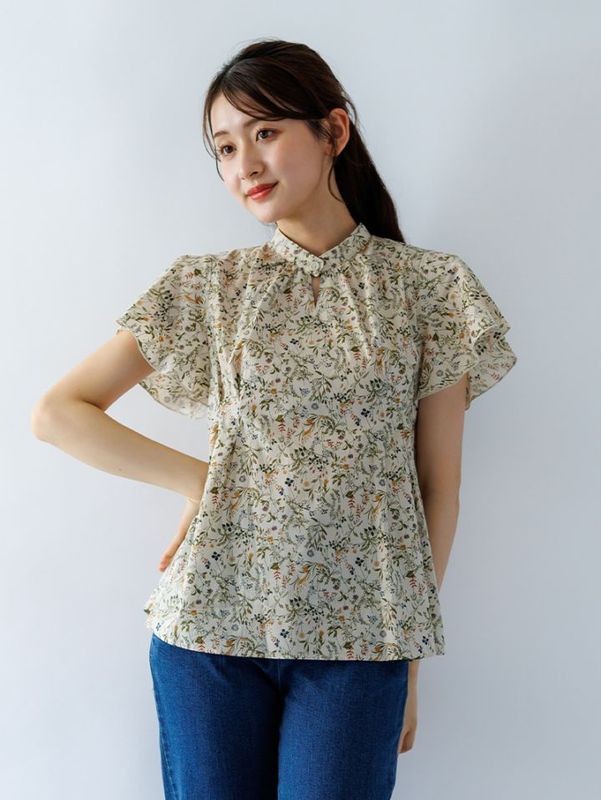 綿プリントフレアースリーブチュニック