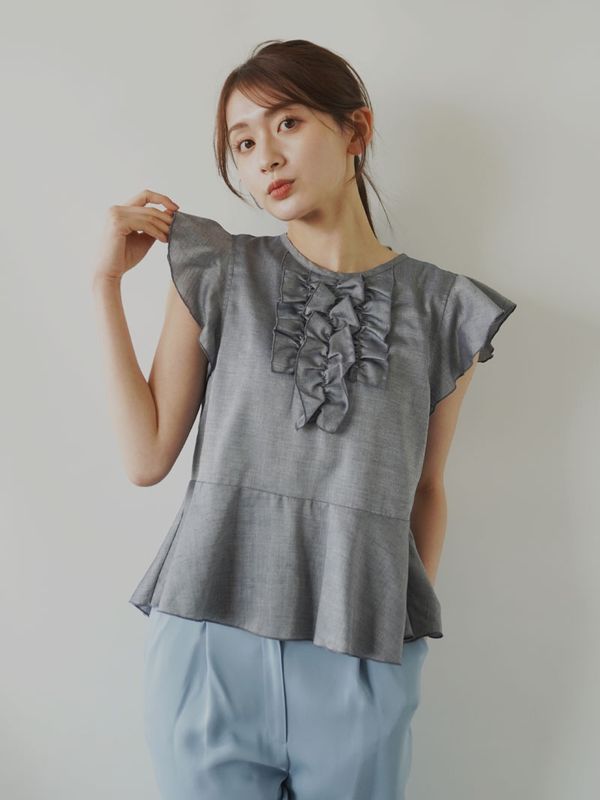 バーバララング　リネン　ニット　五分袖フリルチュニック　フランス製 シャンブレー 前フリルチュニック｜KarLParkLane Style ONLINE SHOP