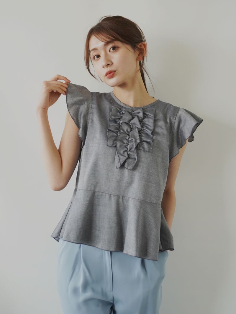 バーバララング　リネン　ニット　五分袖フリルチュニック　フランス製 シャンブレー 前フリルチュニック｜KarLParkLane Style ONLINE SHOP