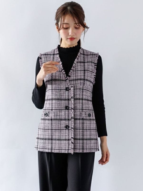 【30%OFF】格子ツィード フリンジジレ