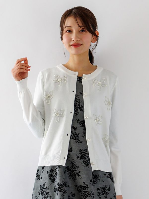 【20%OFF】花パール丸首カーディガン