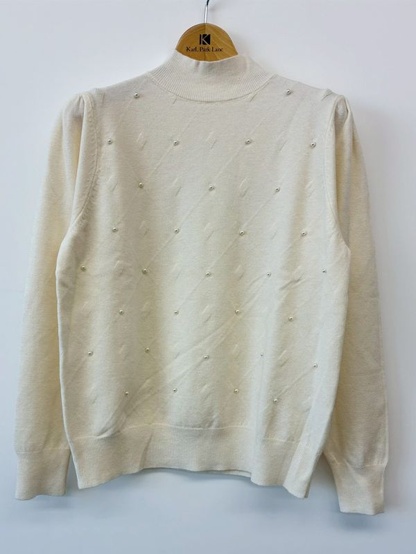 【訳あり】パール付アーガイル柄ハイネックニット(613333/ホワイト/フリーサイズ)③