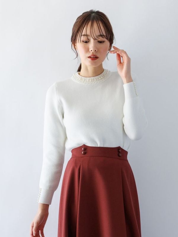 【訳あり】裏起毛 パール付ハイネックニット(513010/ホワイト/フリーサイズ)①