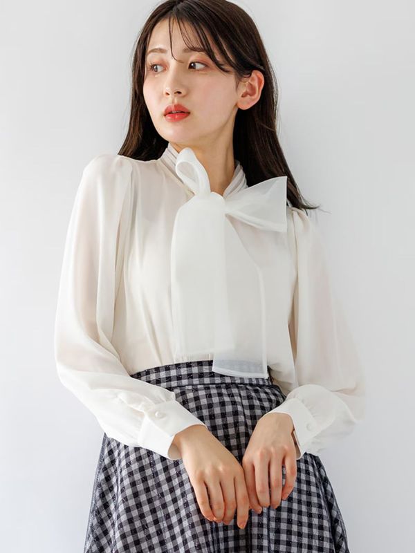 【訳あり】オーガンジータイ付き長袖ブラウス(615803/ホワイト/フリーサイズ)