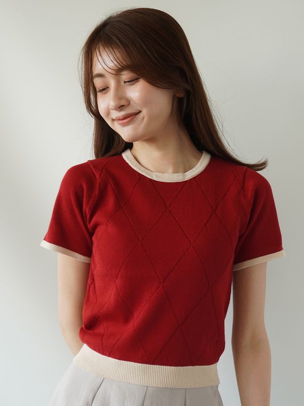 【30％OFF】麻調綿配色ダイヤ柄プルオーバー