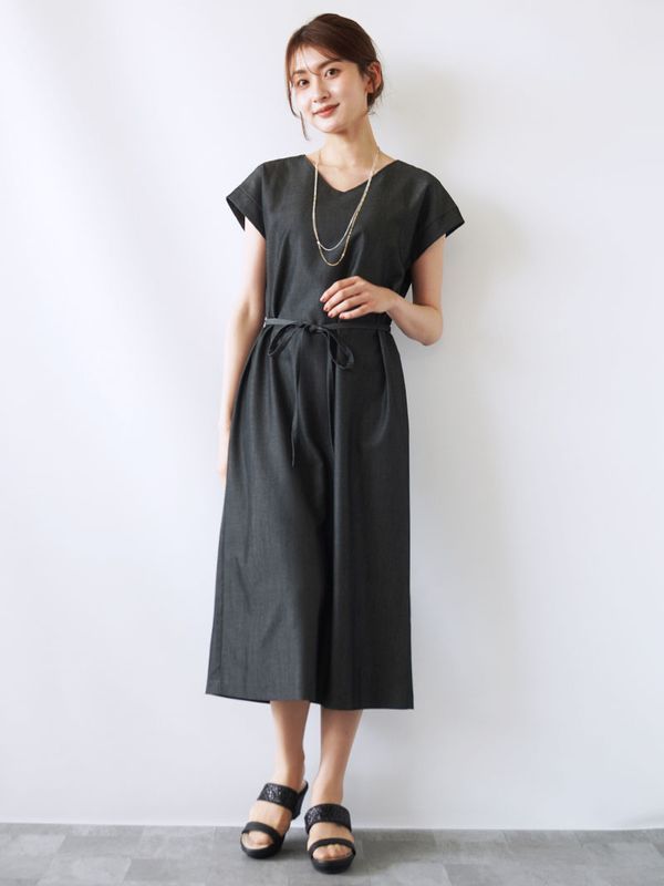 【50%OFF】シャンブレーフレンチスリーブストレートワンピース［キレイめ］《大決算SALE》