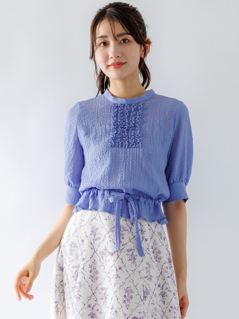 【OUTLET 2500円】ドビー前フリルドローストリングブラウス<10本以下>