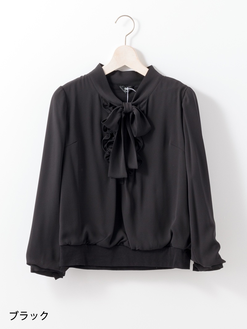 バリエーションボータイシャツ ブラック アシンメトリーレイヤードボウタイブラウス【洗濯機OK/イージー